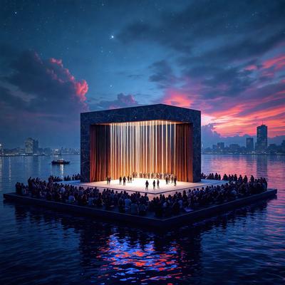 The primary subject of the image is a large, modern building with a unique design. The building is situated on a floating platform in the middle of a body of water, possibly a lake. The setting is serene and picturesque, with the building's structure and the water's surface creating a visually striking scene. The visual style of the image is a combination of photo and digital art, with the floating platform and the building's design giving it a futuristic and innovative appearance. The colors and mood of the image